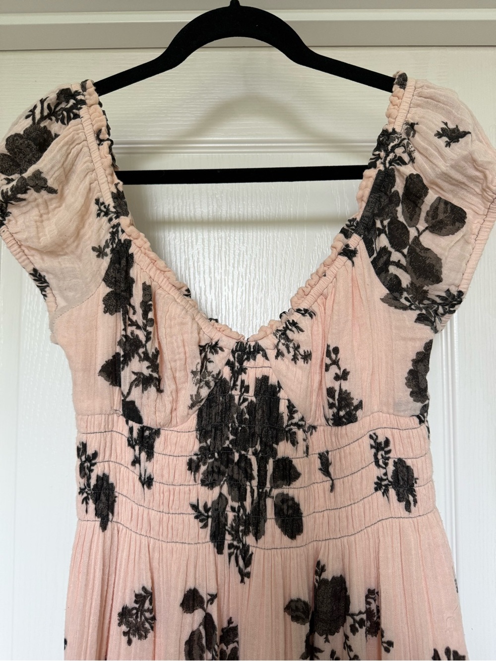 Free People Blush Pink Midi Dress with Black Floral Embroidery